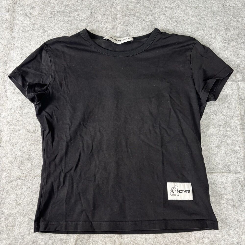 Ann Andelman Short Sleeve Cropped Tee T-Shirt Top Black Women Medium 100% Cotton